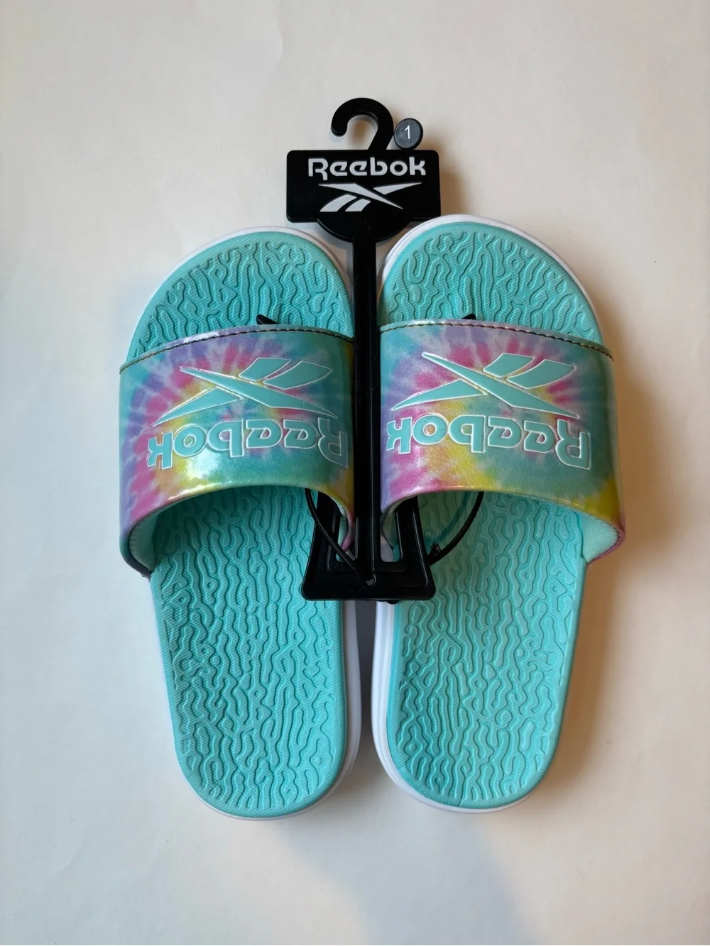 New Reebok Kids' Teal Tie-Dye Slide Sandals size 1